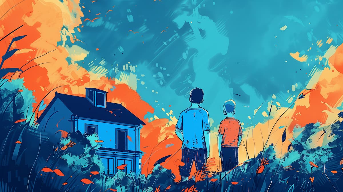 Ouder en kind kijken naar kleurrijk huis en zonsondergang.