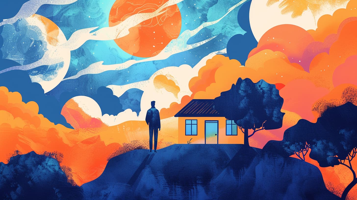 Persoon kijkt naar kleurrijke zonsondergang met huisje.