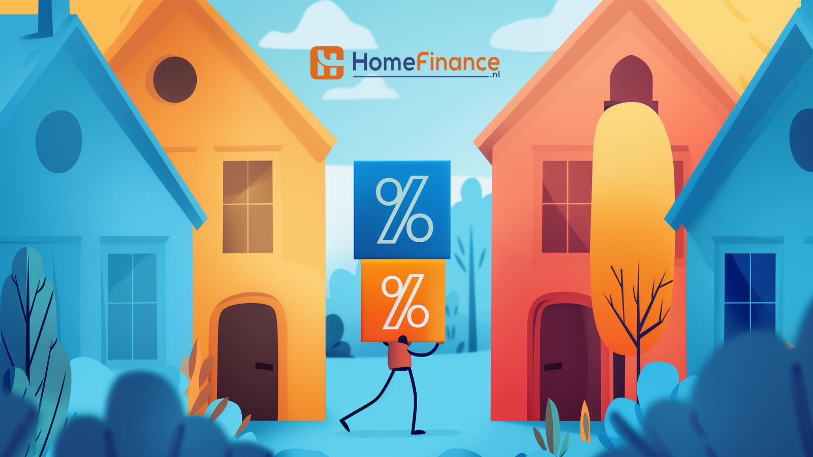 Illustratie hypotheekrente meenemen met kleurrijke huizen.