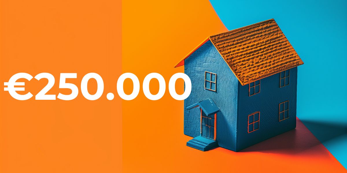 Blauw huis model, prijs €250.000, oranje achtergrond.