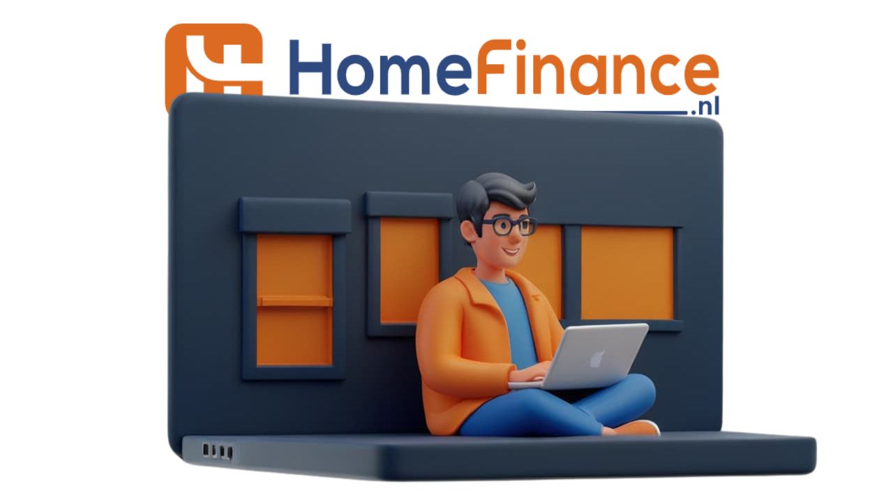 Man met laptop die een desktoptaxatie doet op HomeFinance.nl logo.