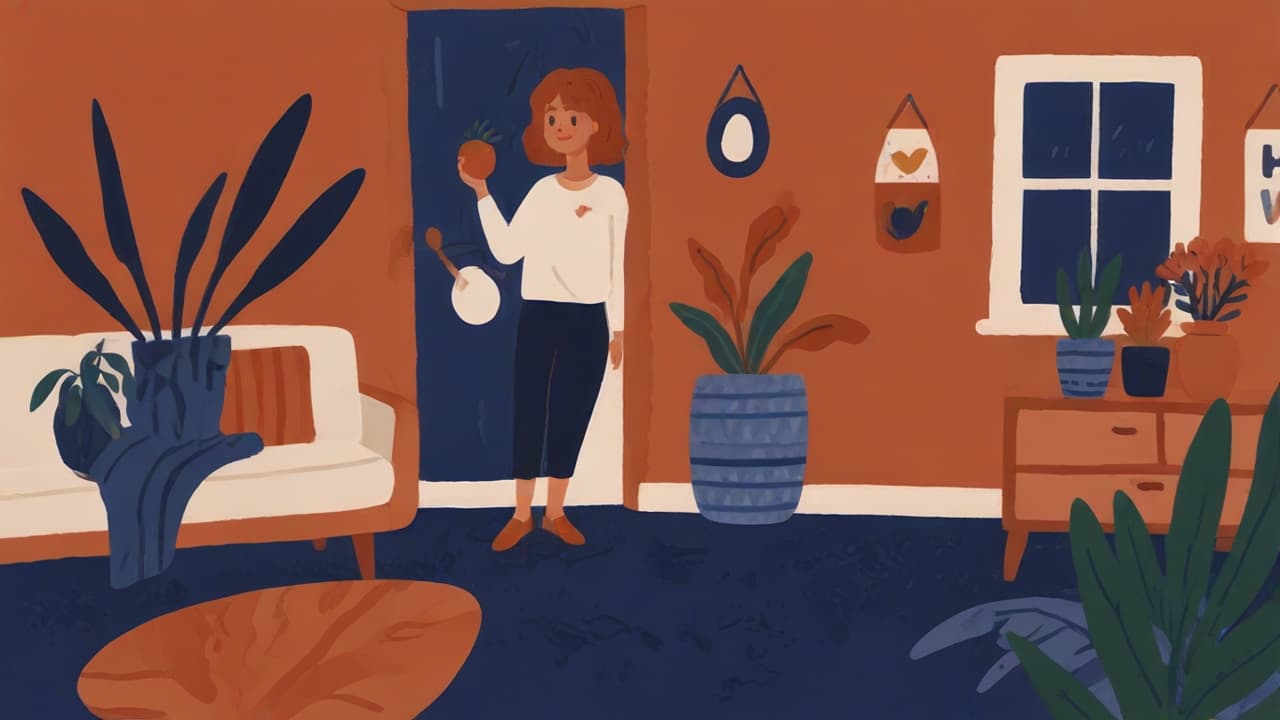 Gezellige woonkamer met planten en ontspannen vrouw.
