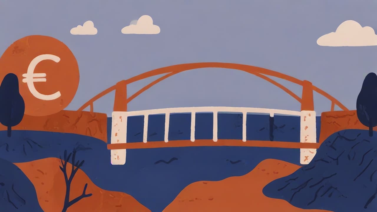 Illustratie van brug met euroteken en rivier.