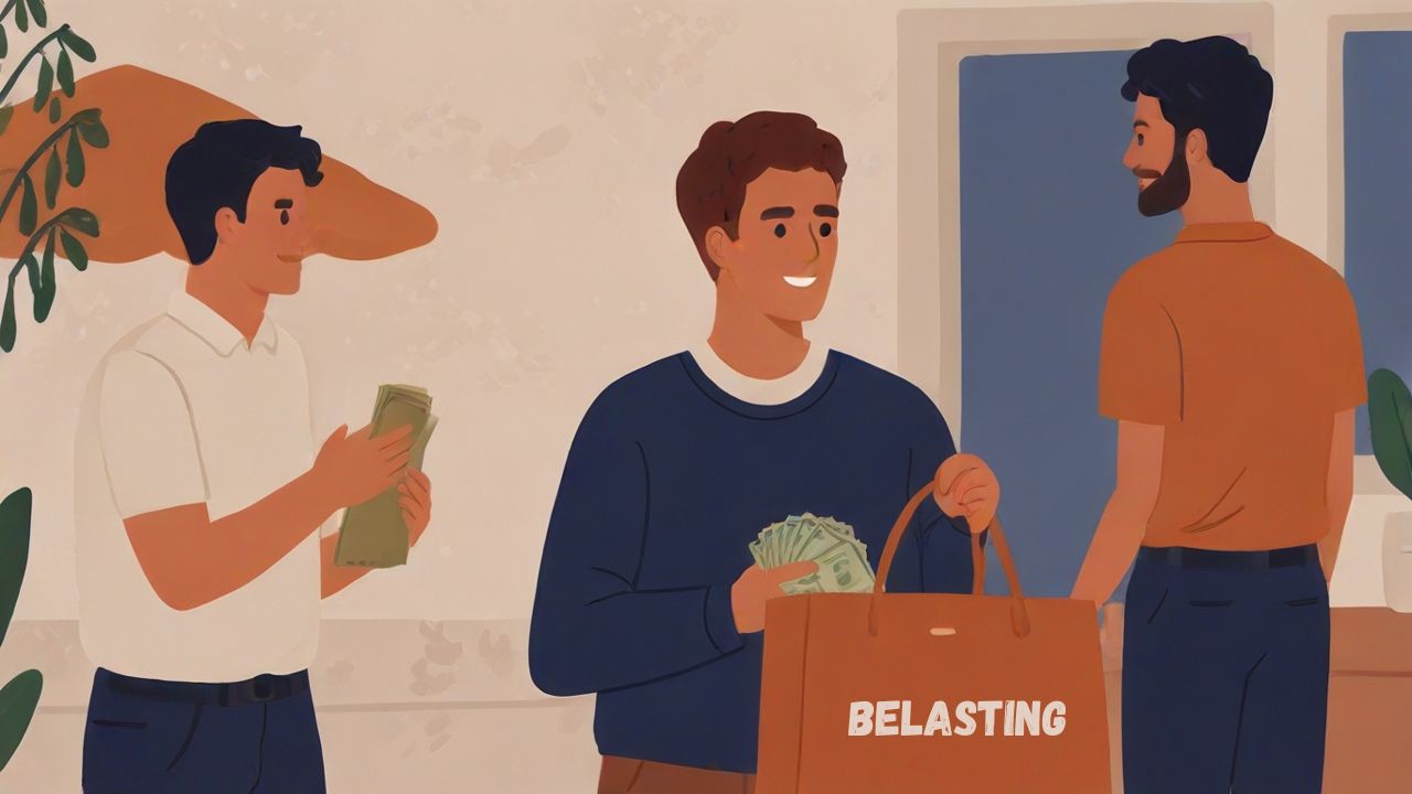 Tekening van man met tas waar belasting op staat