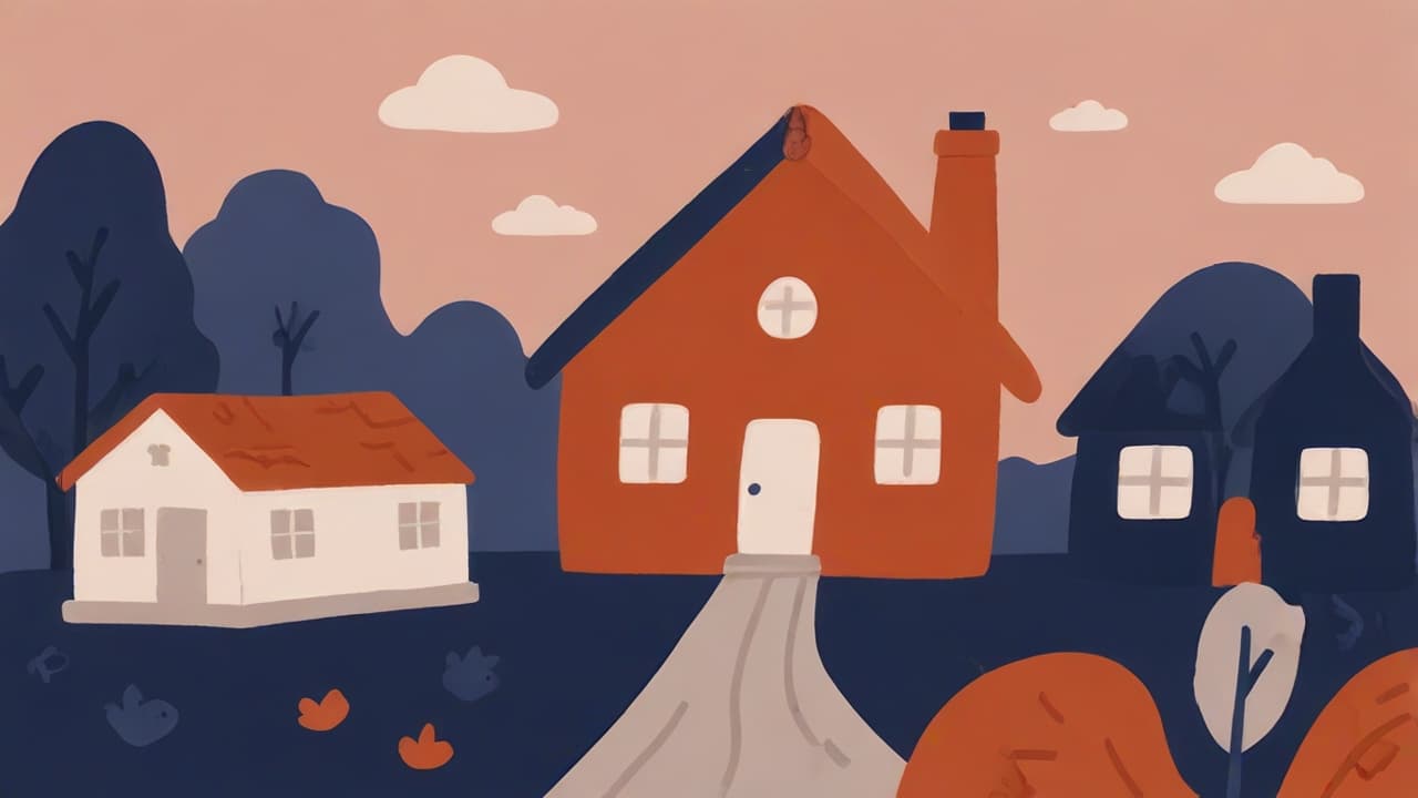 Geïllustreerde huizen en bomen bij schemering.